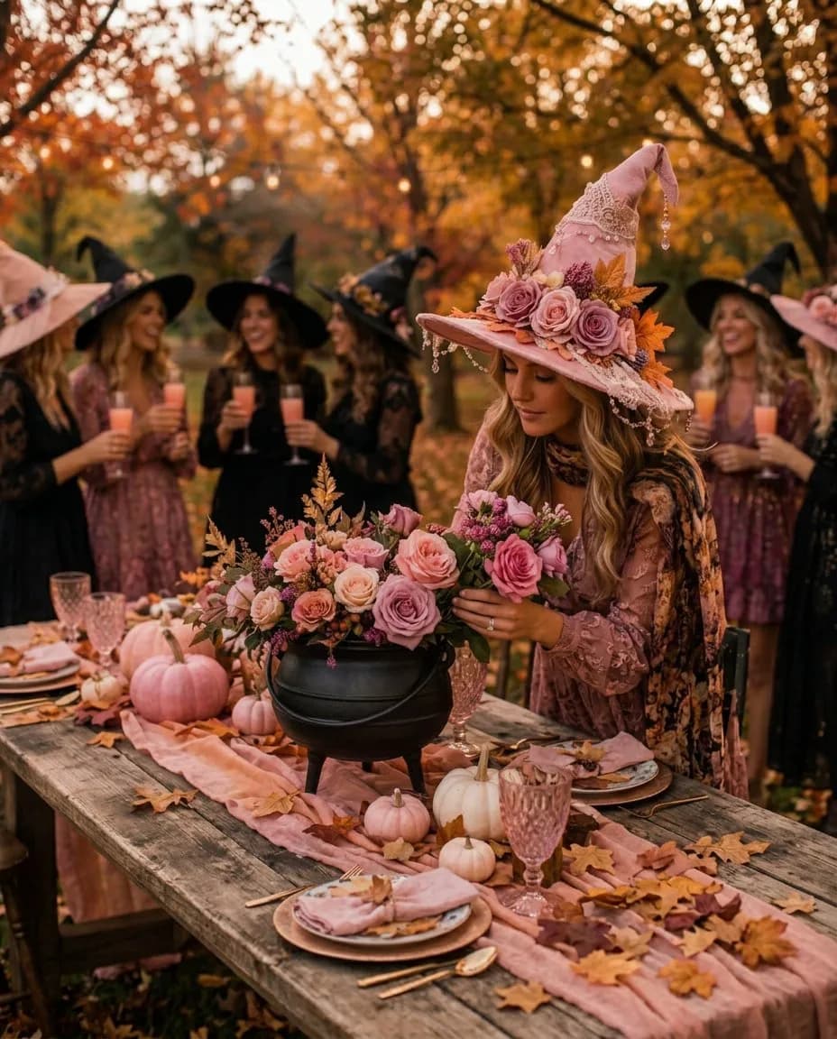 Witches in pastel pink hats gathered around a cauldron of roses at a fall brunch table